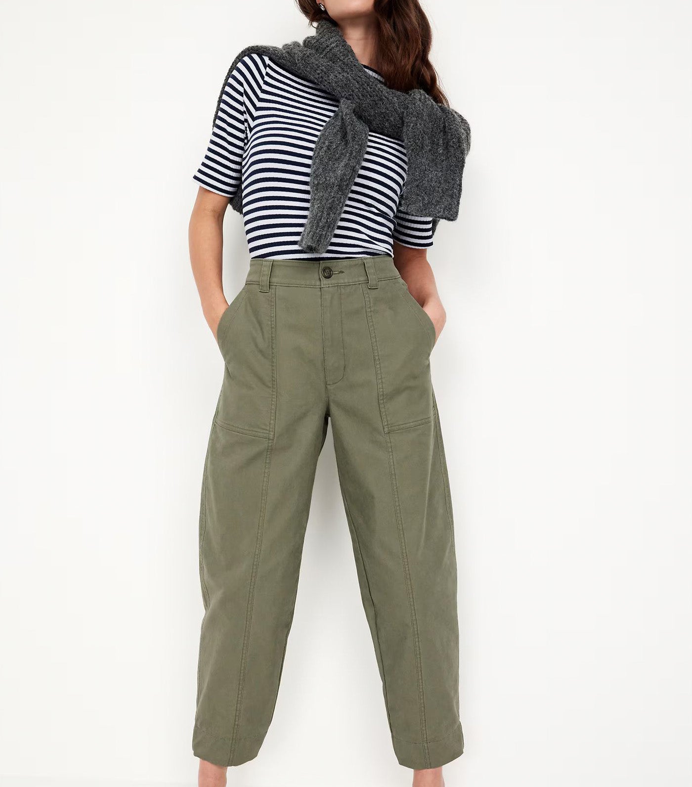 High-Waisted Canvas Barrel-Leg Pants Stone Wall