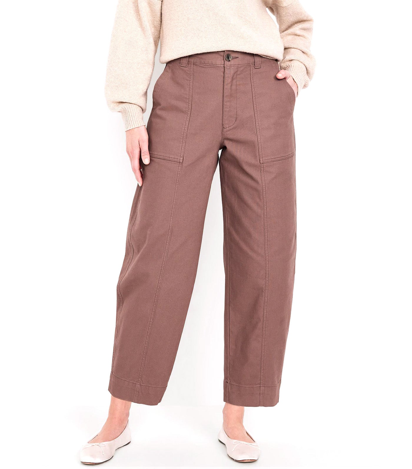 High-Waisted Canvas Barrel-Leg Pants Warm Taupe