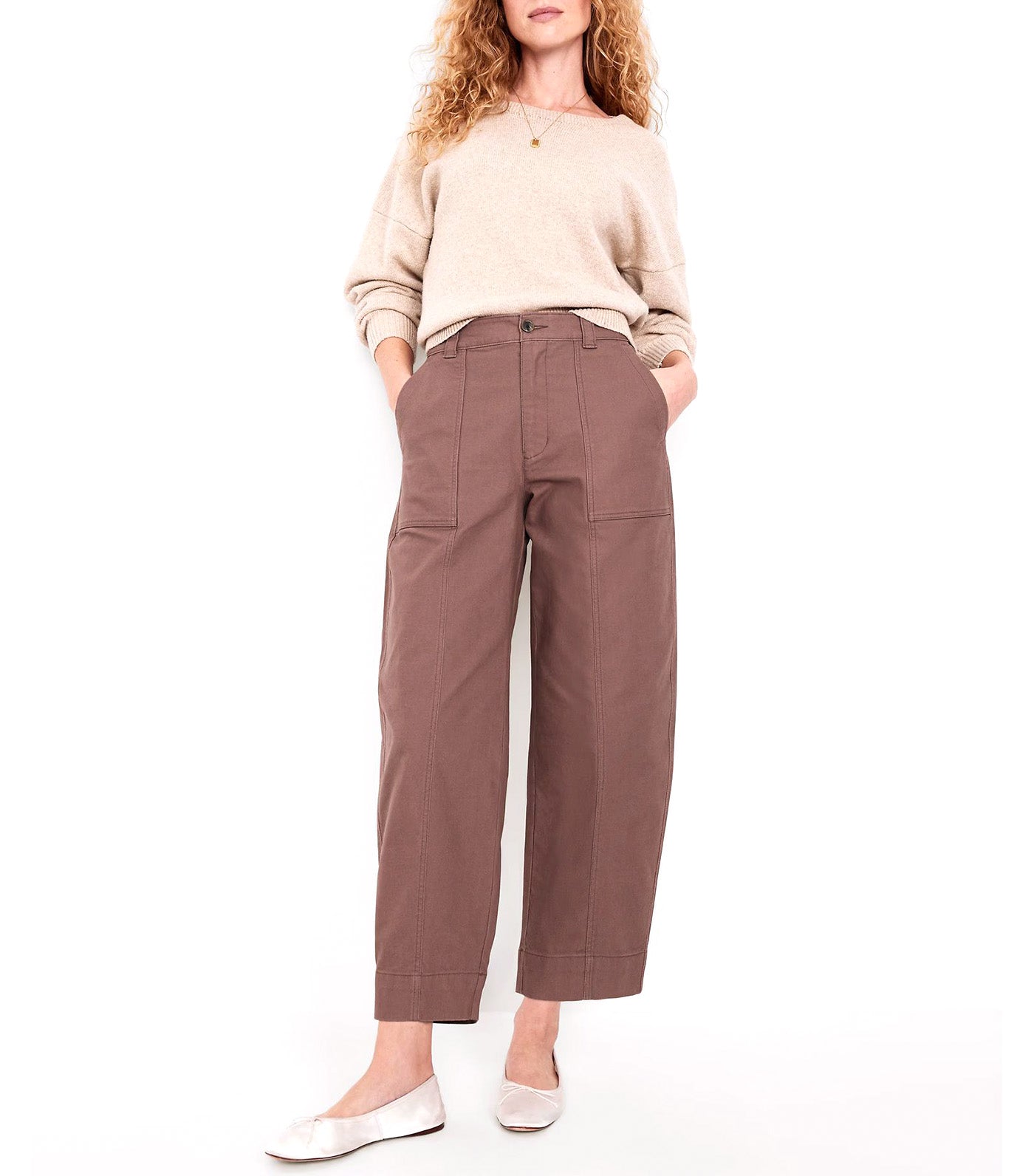 High-Waisted Canvas Barrel-Leg Pants Warm Taupe