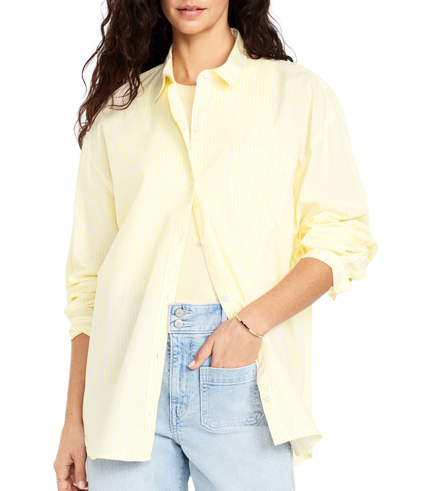 Oversized Button-Down Boyfriend Shirt for Women Yellow Stripe
