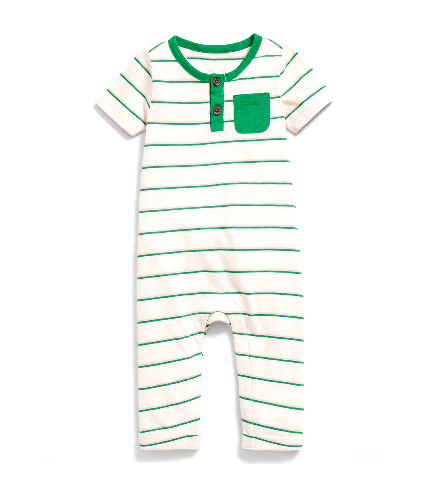 Short-Sleeve Jersey-Knit Henley One-Piece Green Stripe