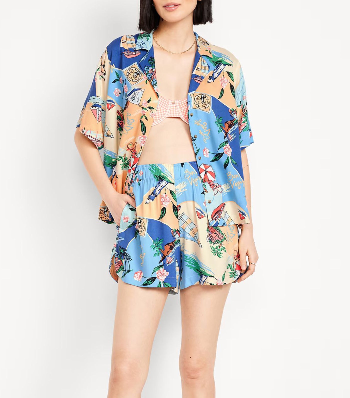 High-Waisted Twill Pull-On Shorts - 4in Inseam for Women Beach Scene