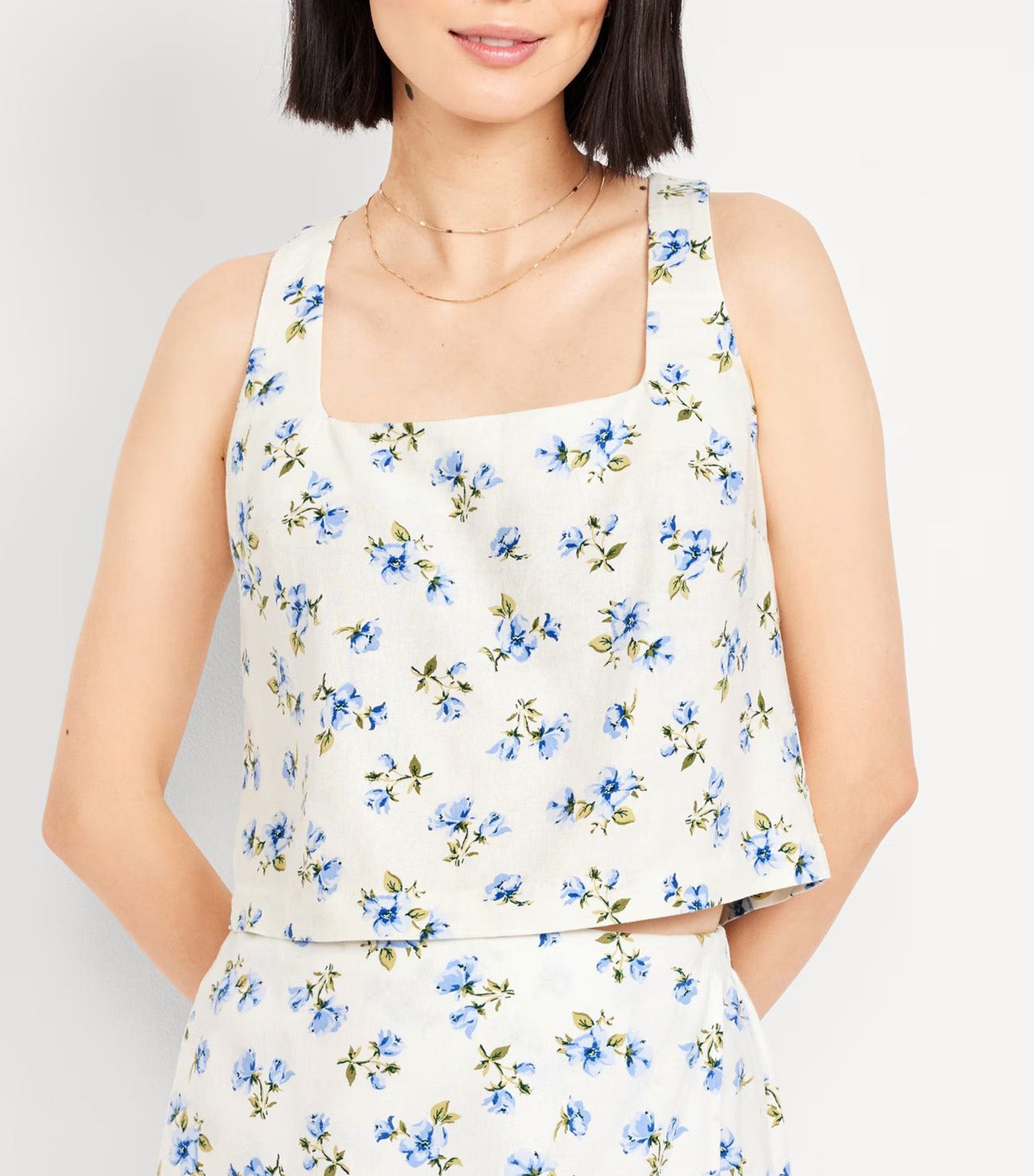 Linen-Blend Crop Top for Women White Floral