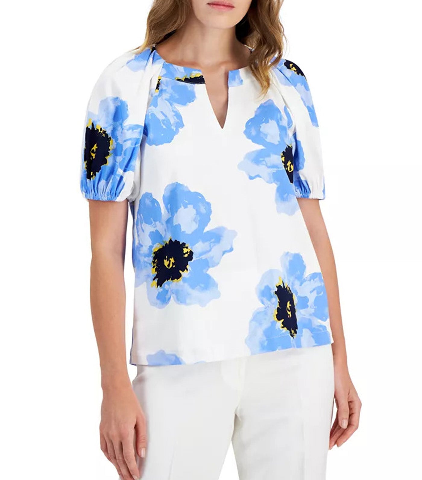 Floral-Print Puff-Sleeve Blouse Bright White/Shore Blue