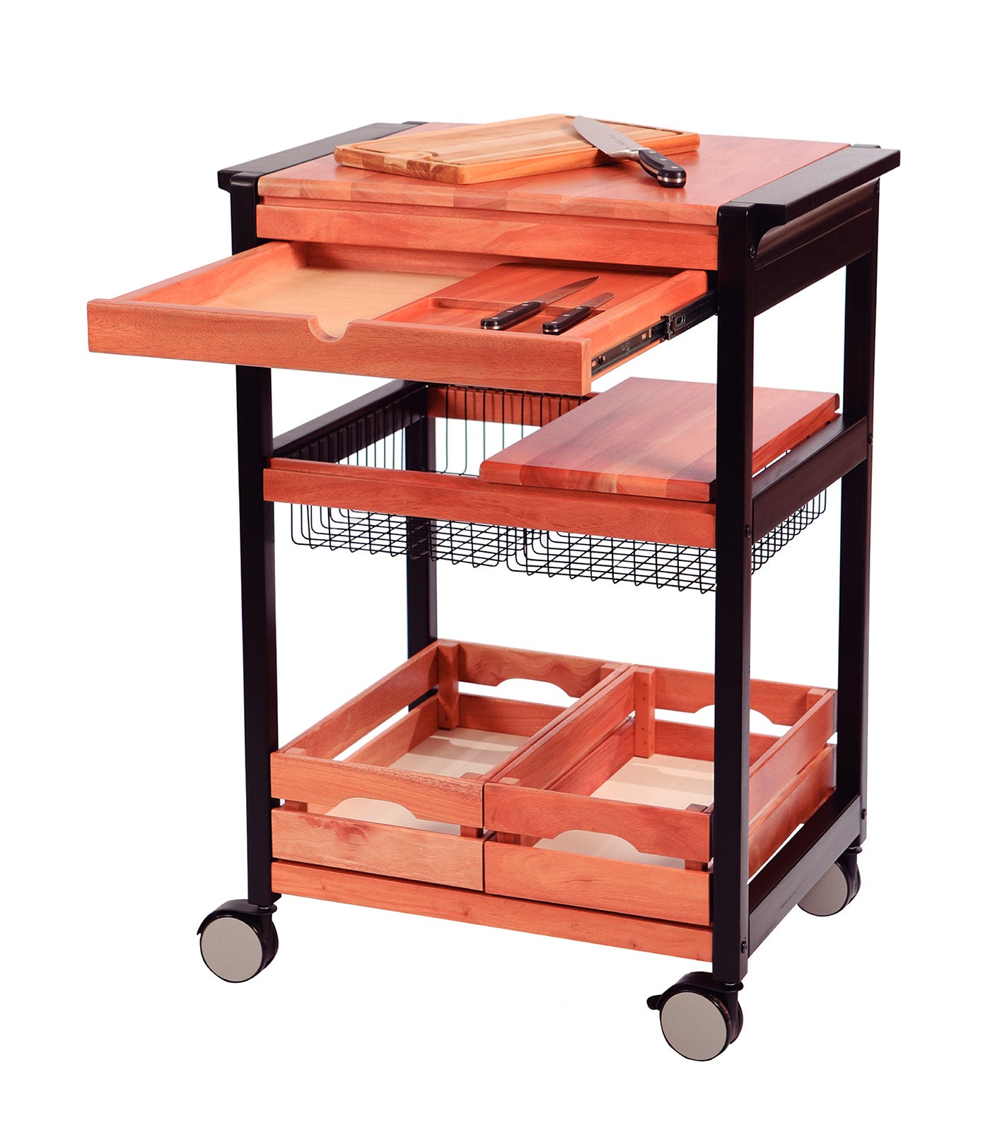 BBQ Serving Cart Mahogany Wood with Drawer