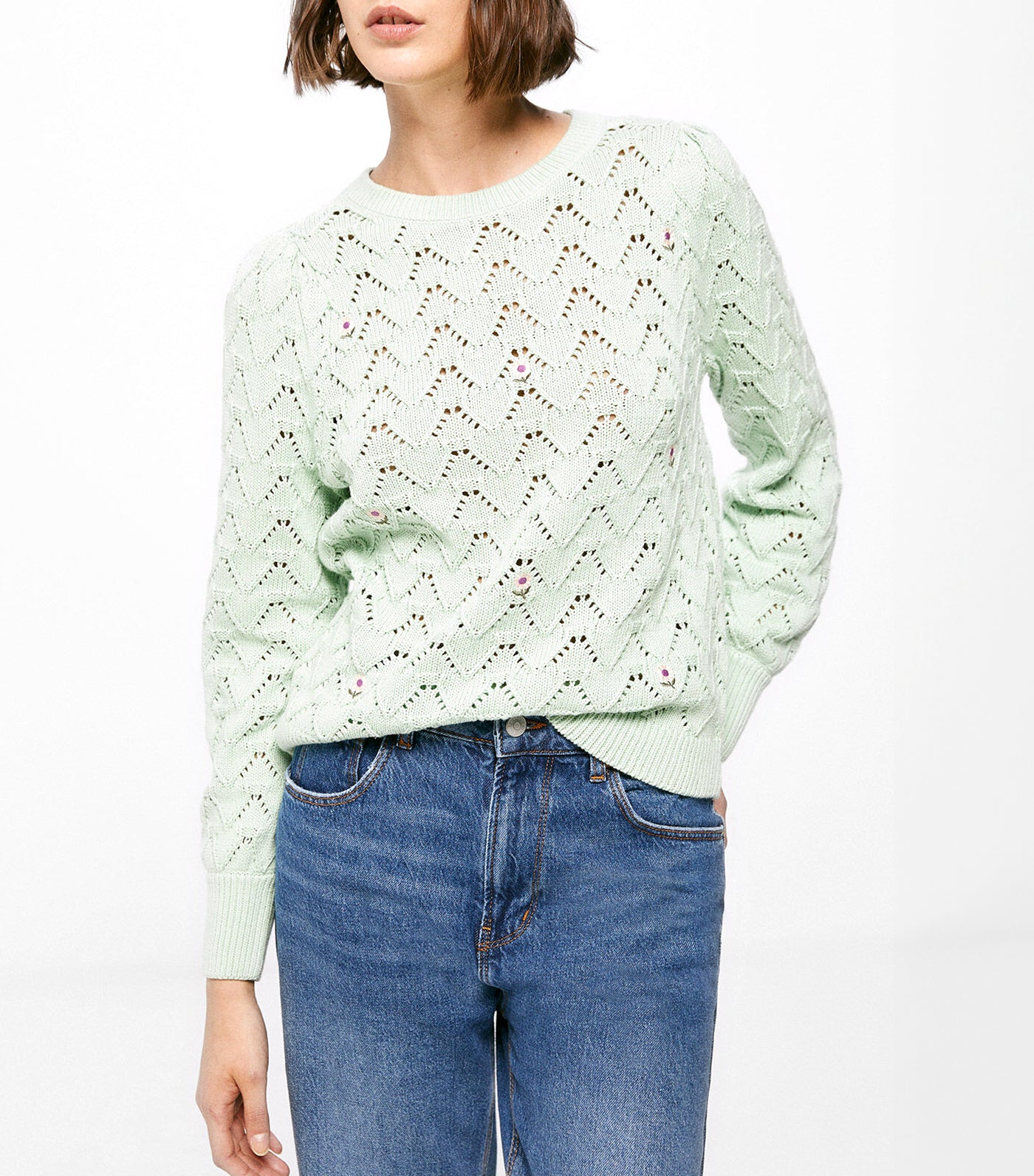 Openwork Sweater With Little Flowers Green
