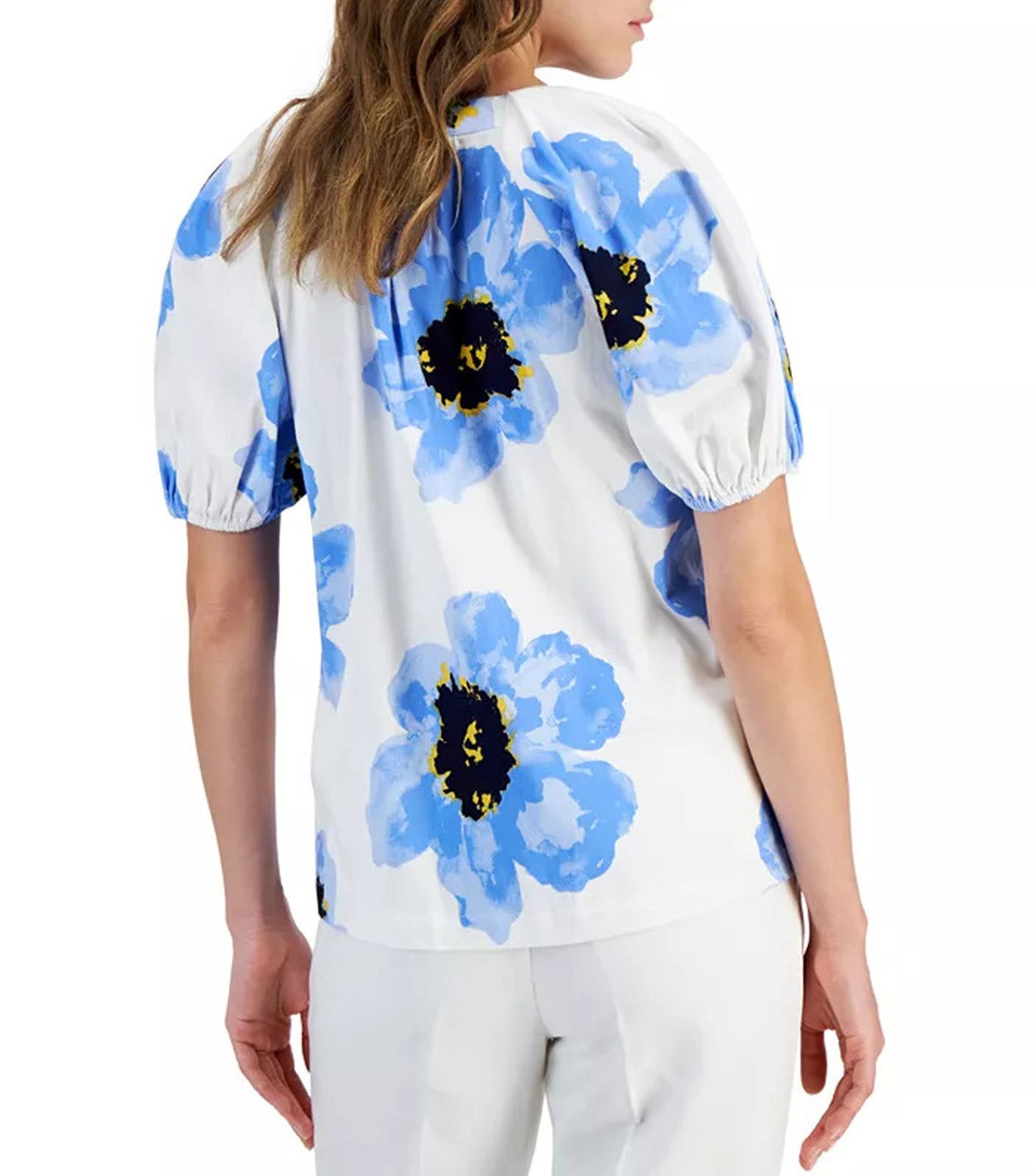 Floral-Print Puff-Sleeve Blouse Bright White/Shore Blue