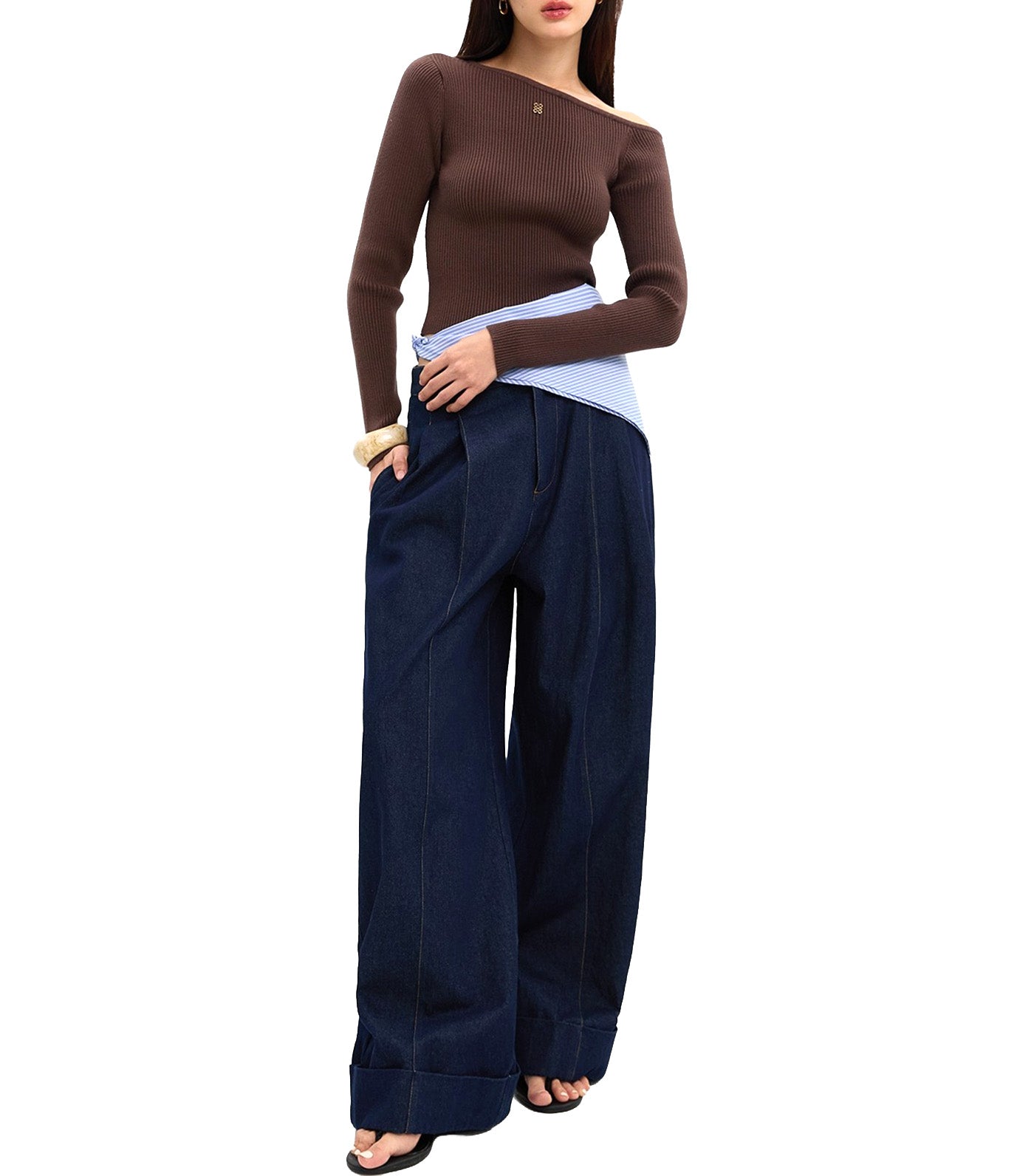 Pomelo Asymmetric Knit Top Brown