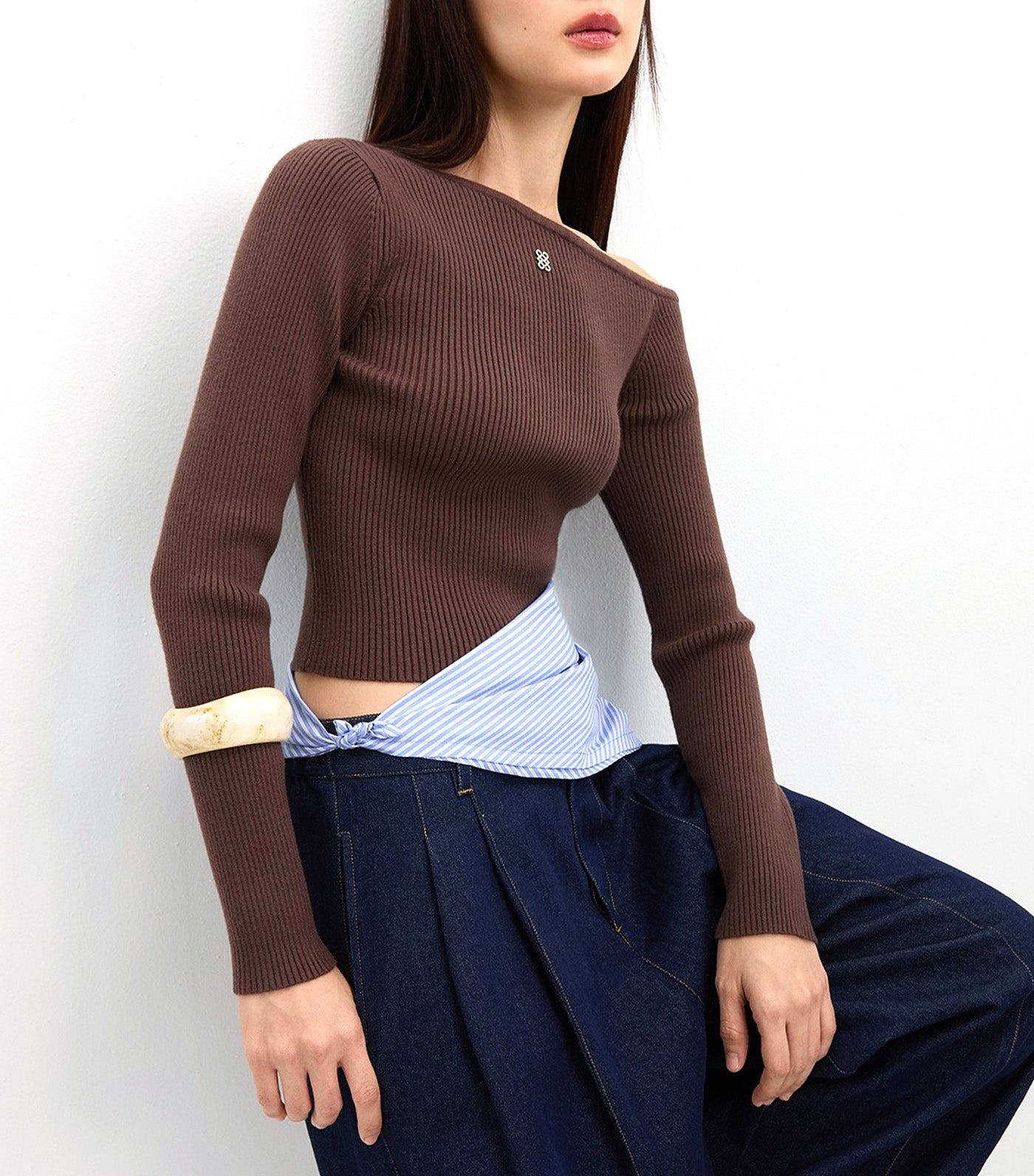 Pomelo Asymmetric Knit Top Brown