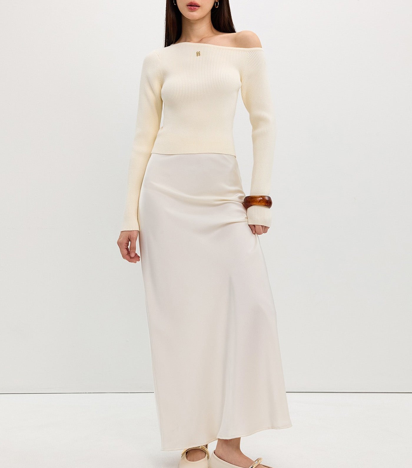 Pomelo Asymmetric Knit Top Off White