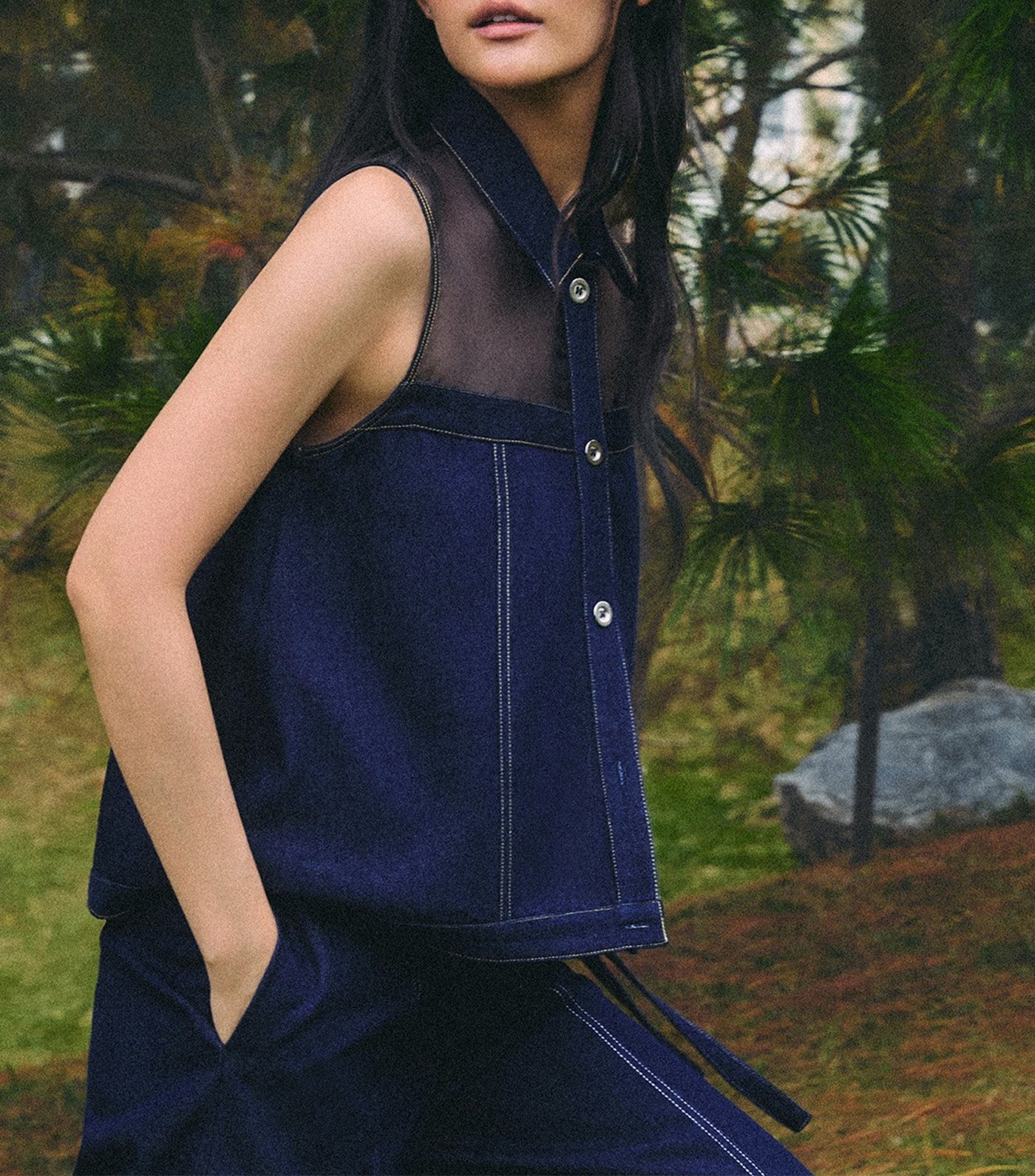 Denim Mesh Top Dark Blue