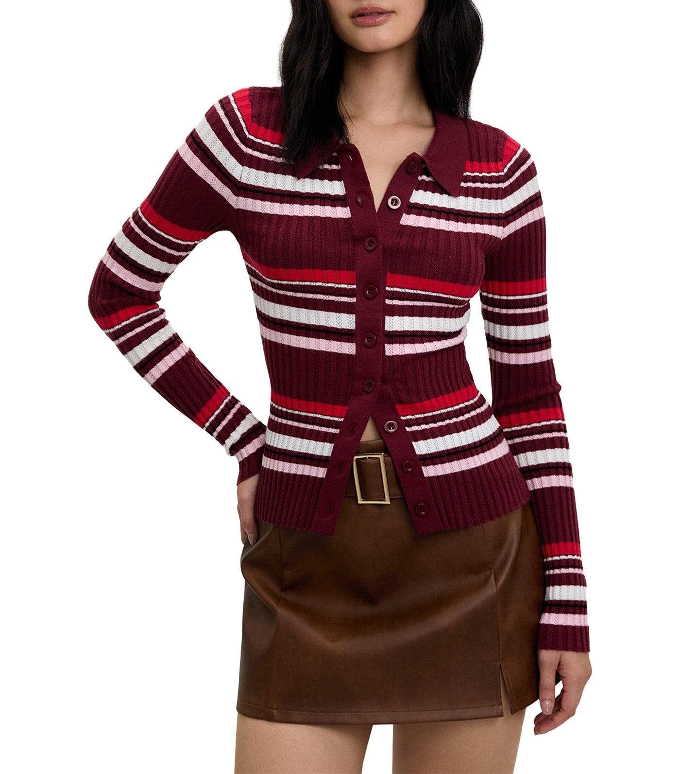 Pomelo Striped Knit Top Burgundy