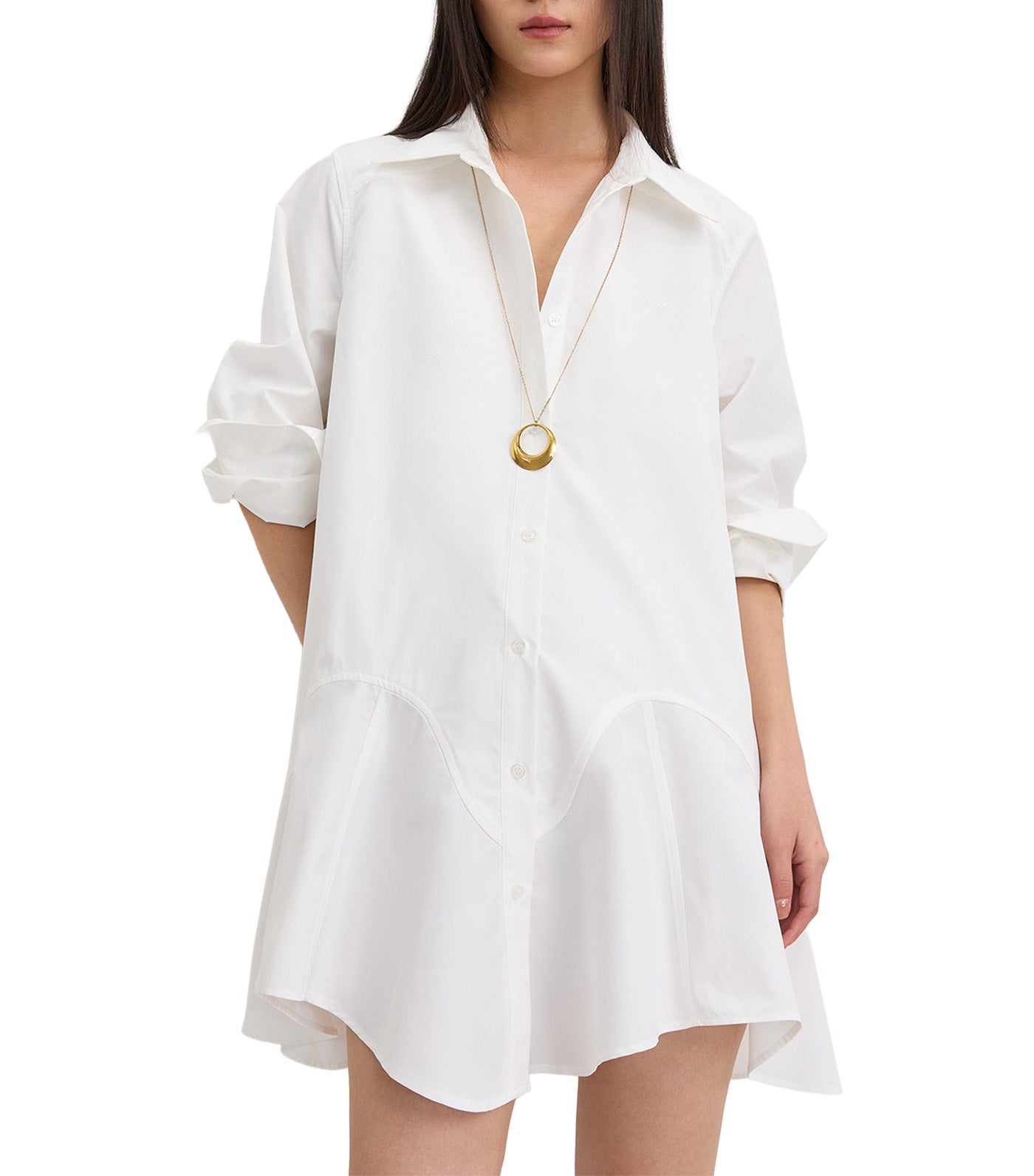 Asymmetric-Hem Button-Up Dress White