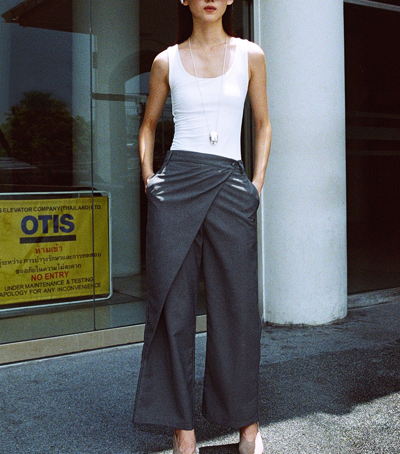 Asymmetric Layered Pants Mid Gray