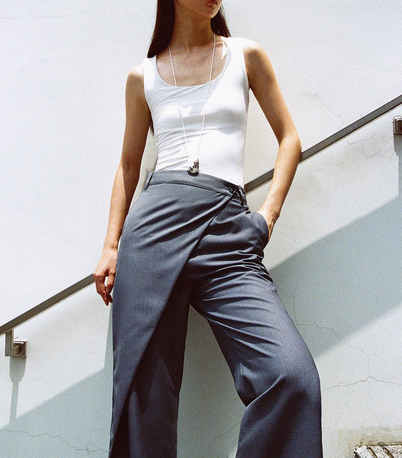 Asymmetric Layered Pants Mid Gray