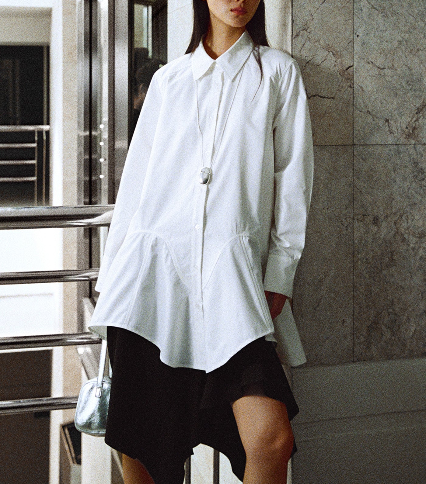 Asymmetric-Hem Button-Up Dress White