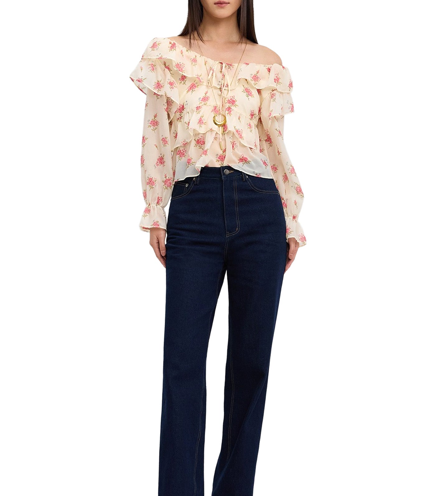 Ruffled Floral Blouse Ivory