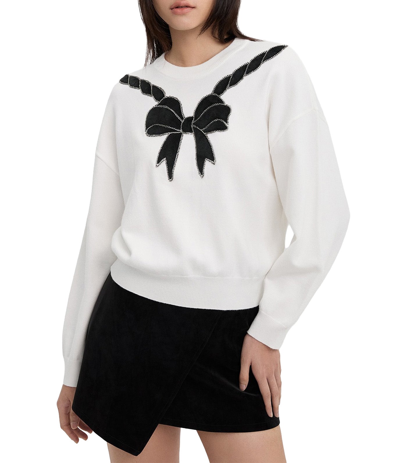 Bow Embellished Oversized Crop Sweater White