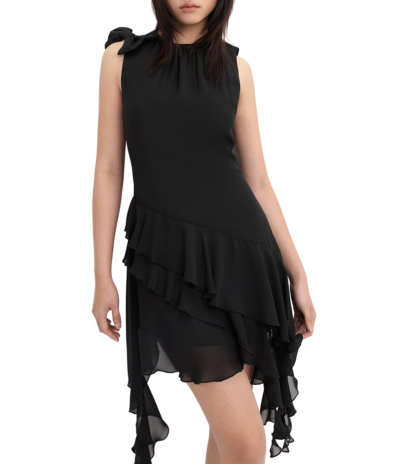 Asymmetrical Hem Bow Ruffle Dress Black