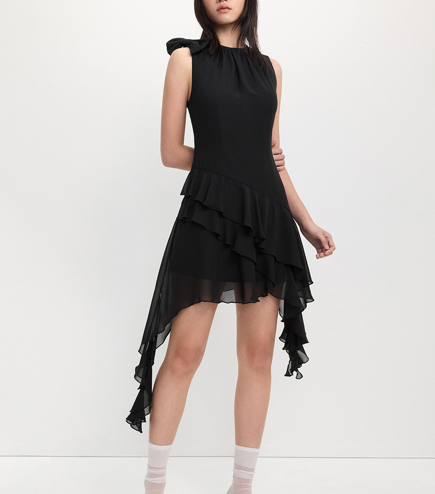 Asymmetrical Hem Bow Ruffle Dress Black