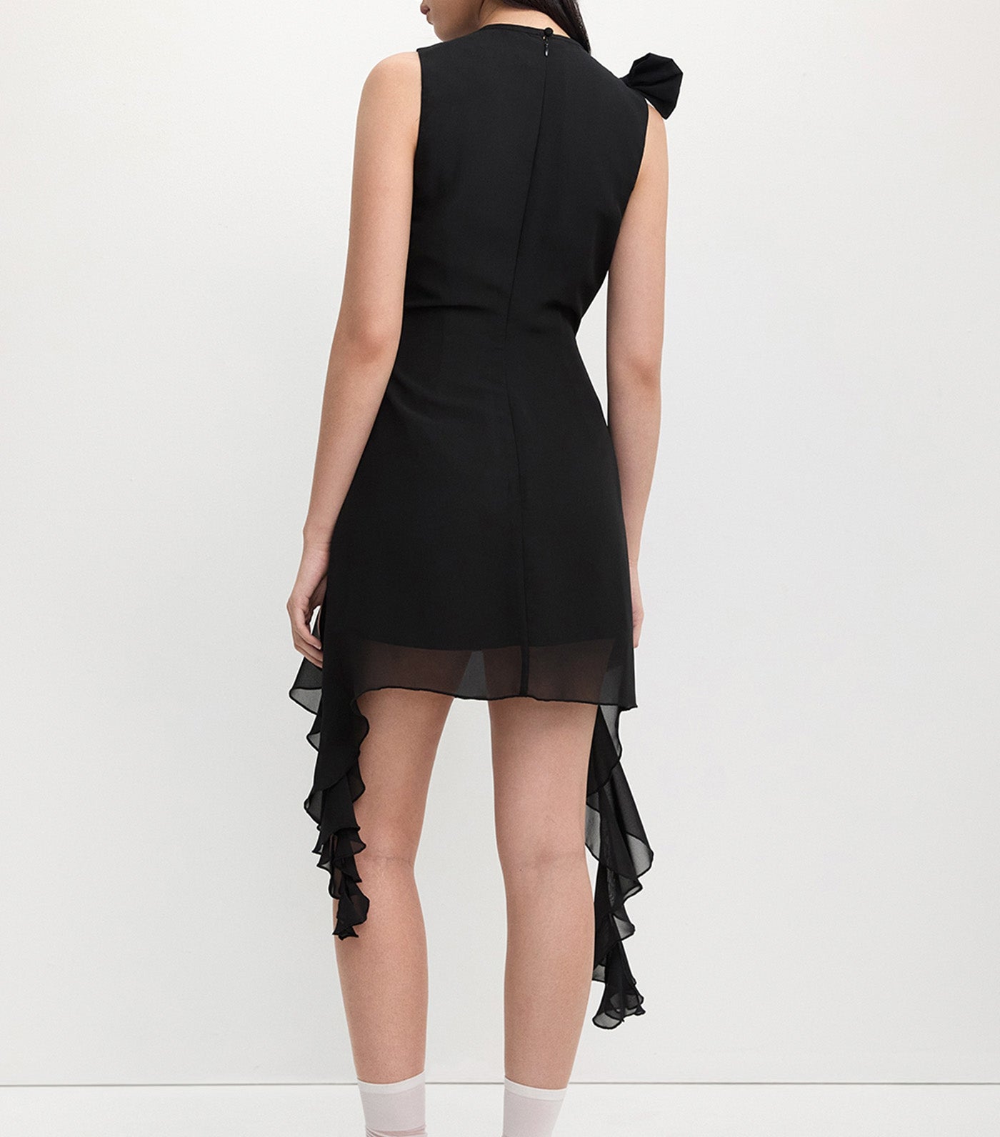 Asymmetrical Hem Bow Ruffle Dress Black