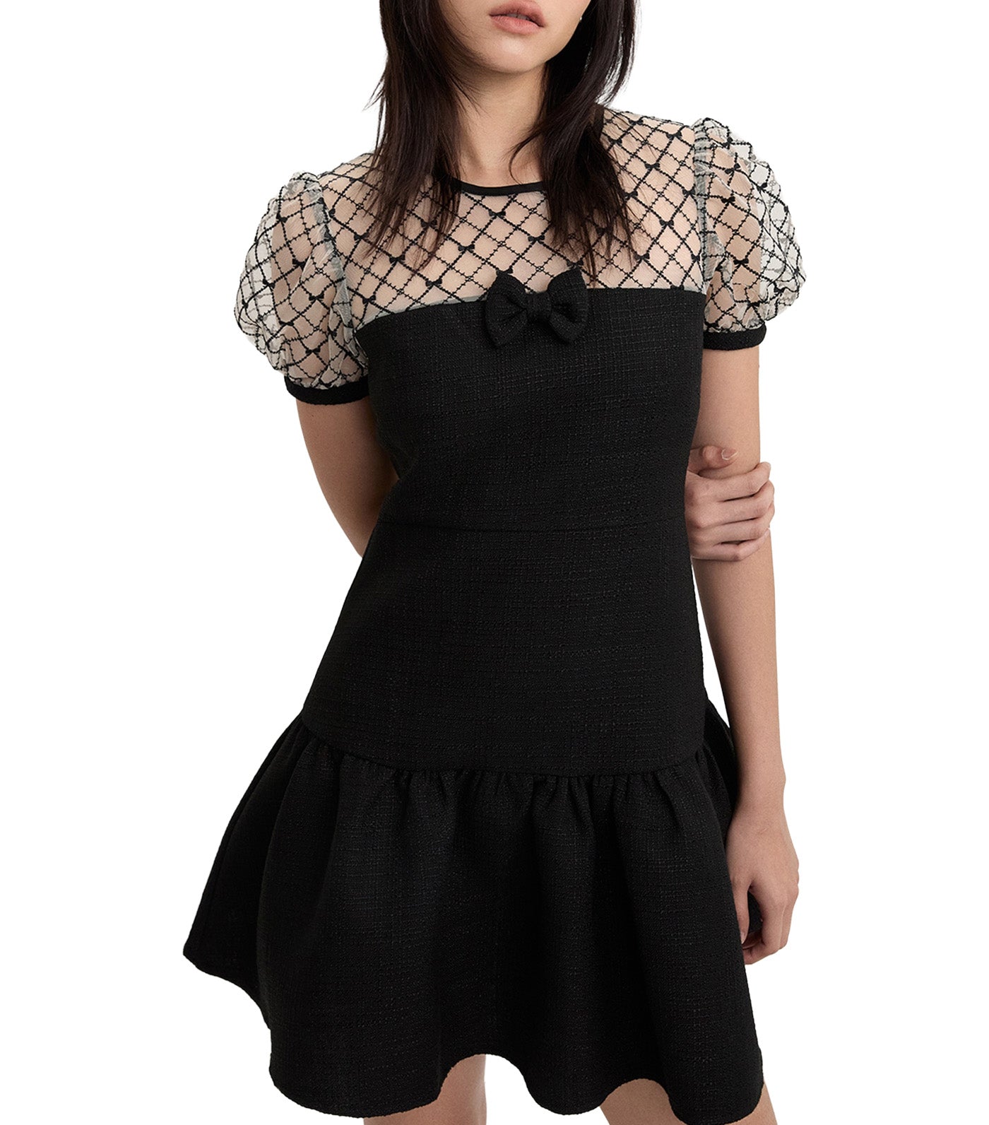 Bow Mesh Puff Sleeve Mini Dress Black