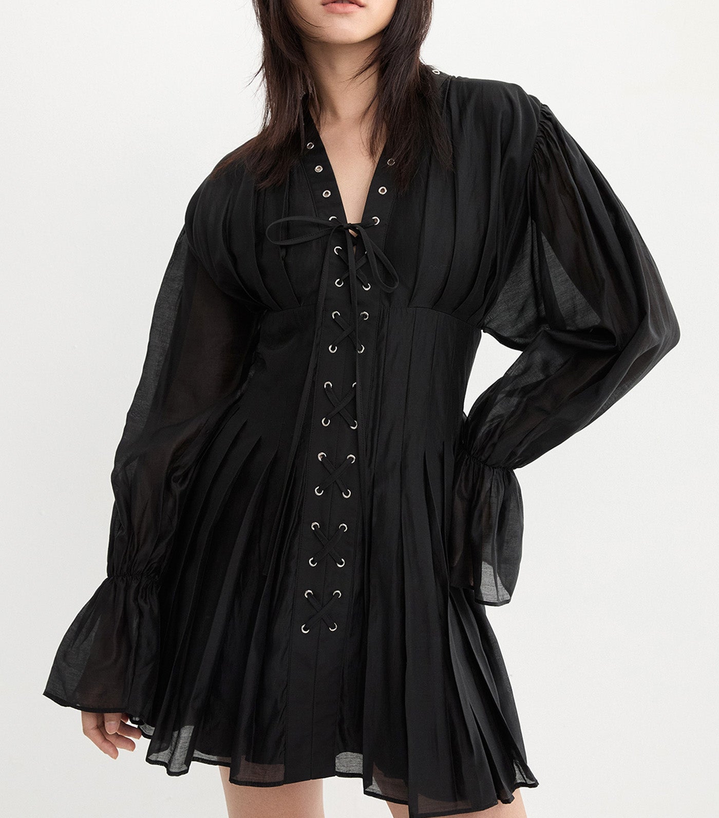 Lace Up Eyelet Dress Black
