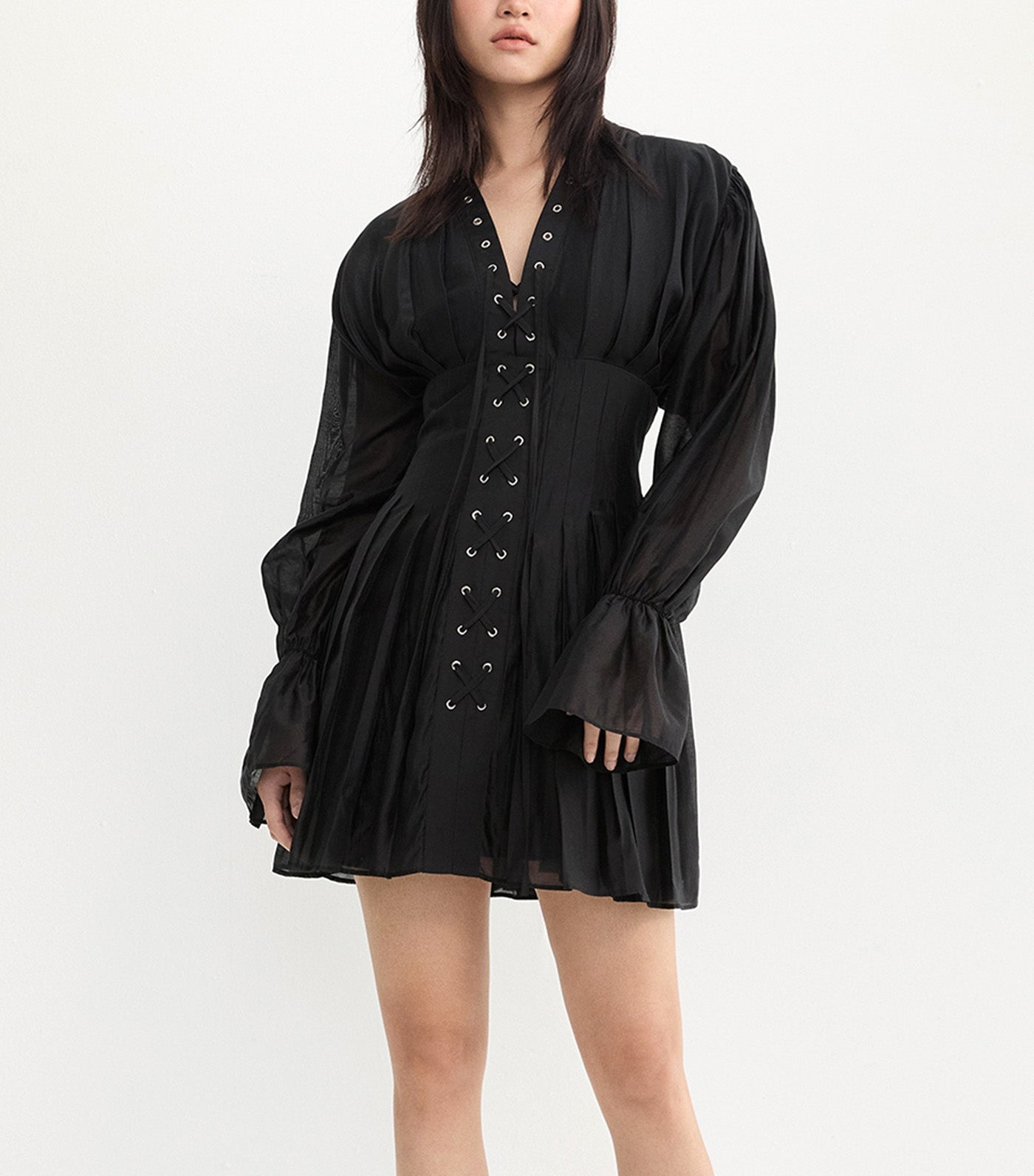 Lace Up Eyelet Dress Black