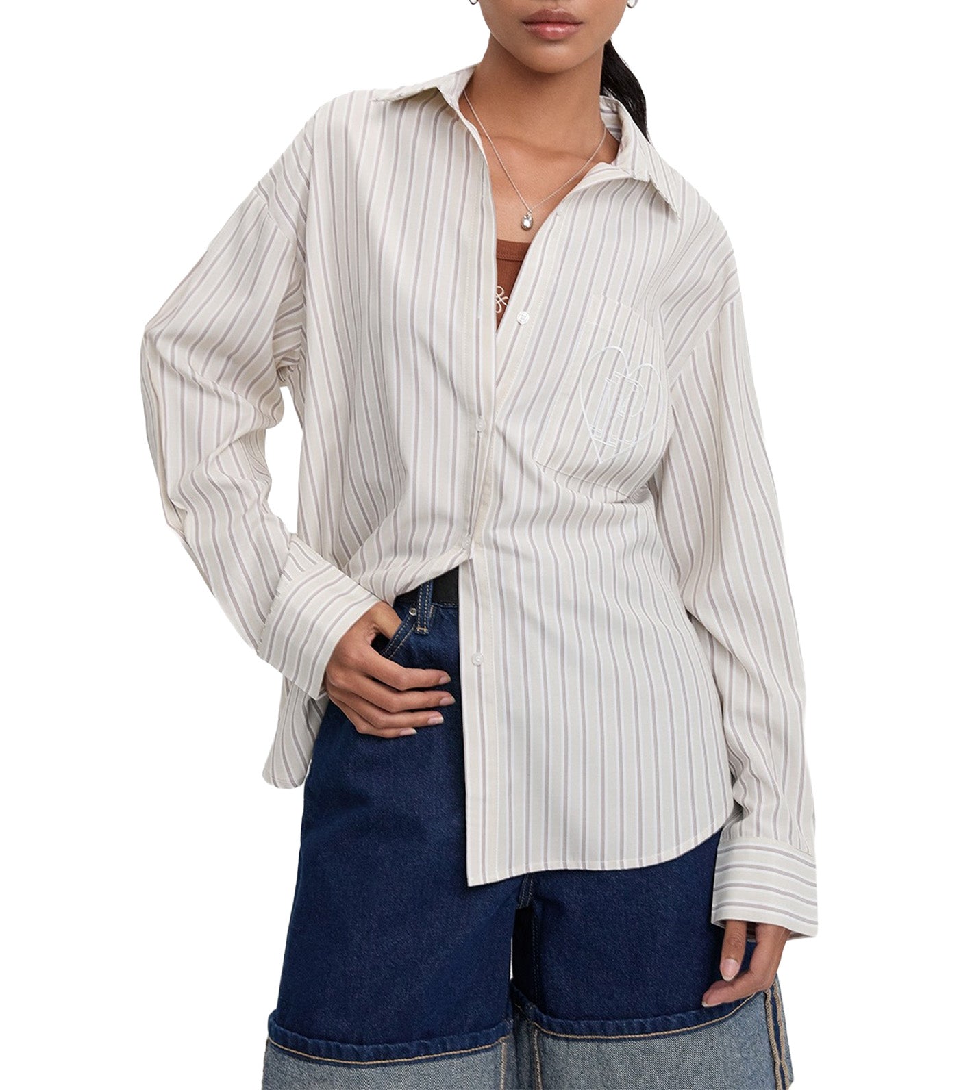 Pomelo Heart Embroidered Striped Shirt Brown