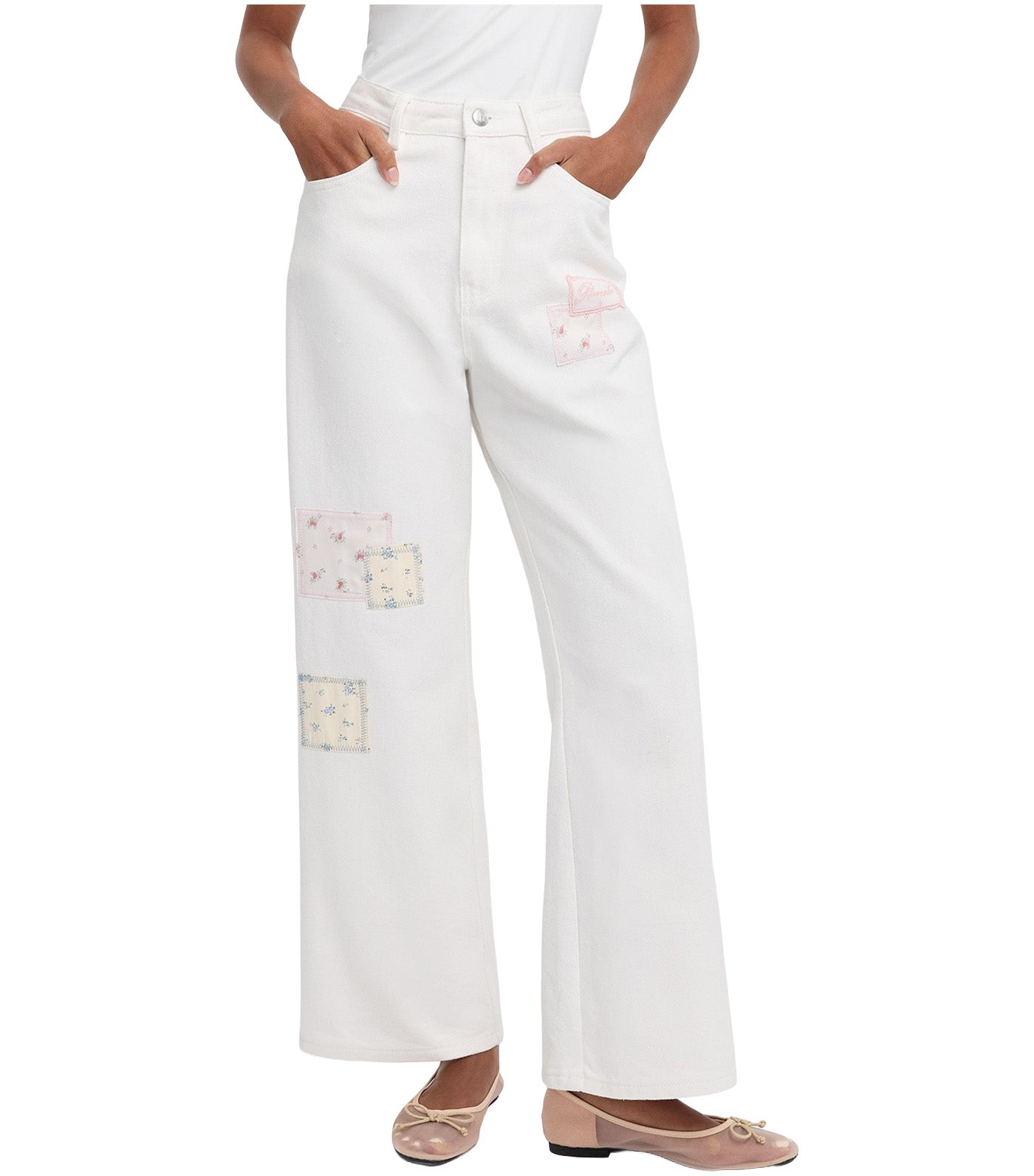 Pomelo Denim Patchwork Trousers White