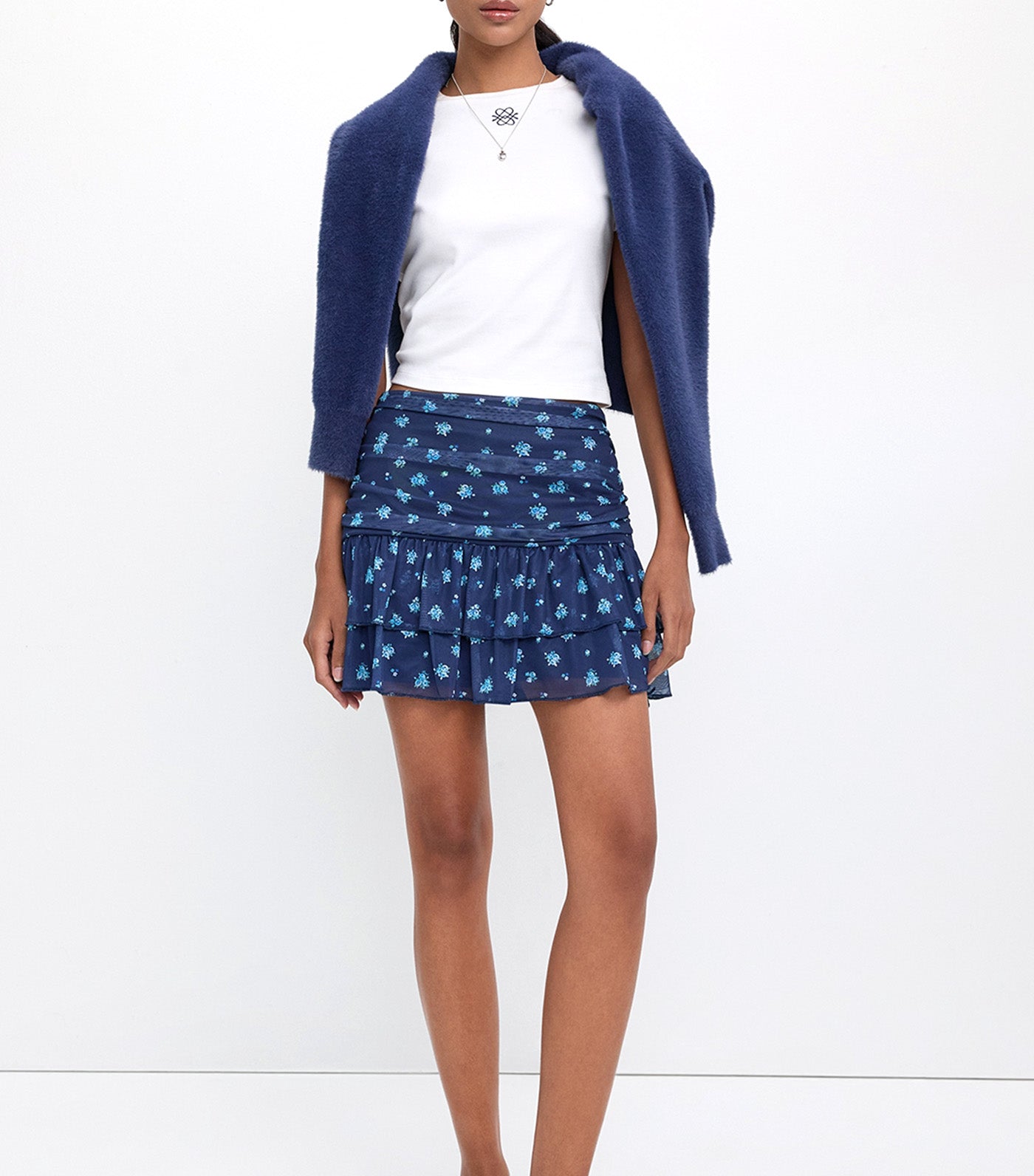 Floral Ruched Ruffle Hem Mini Skirt Navy