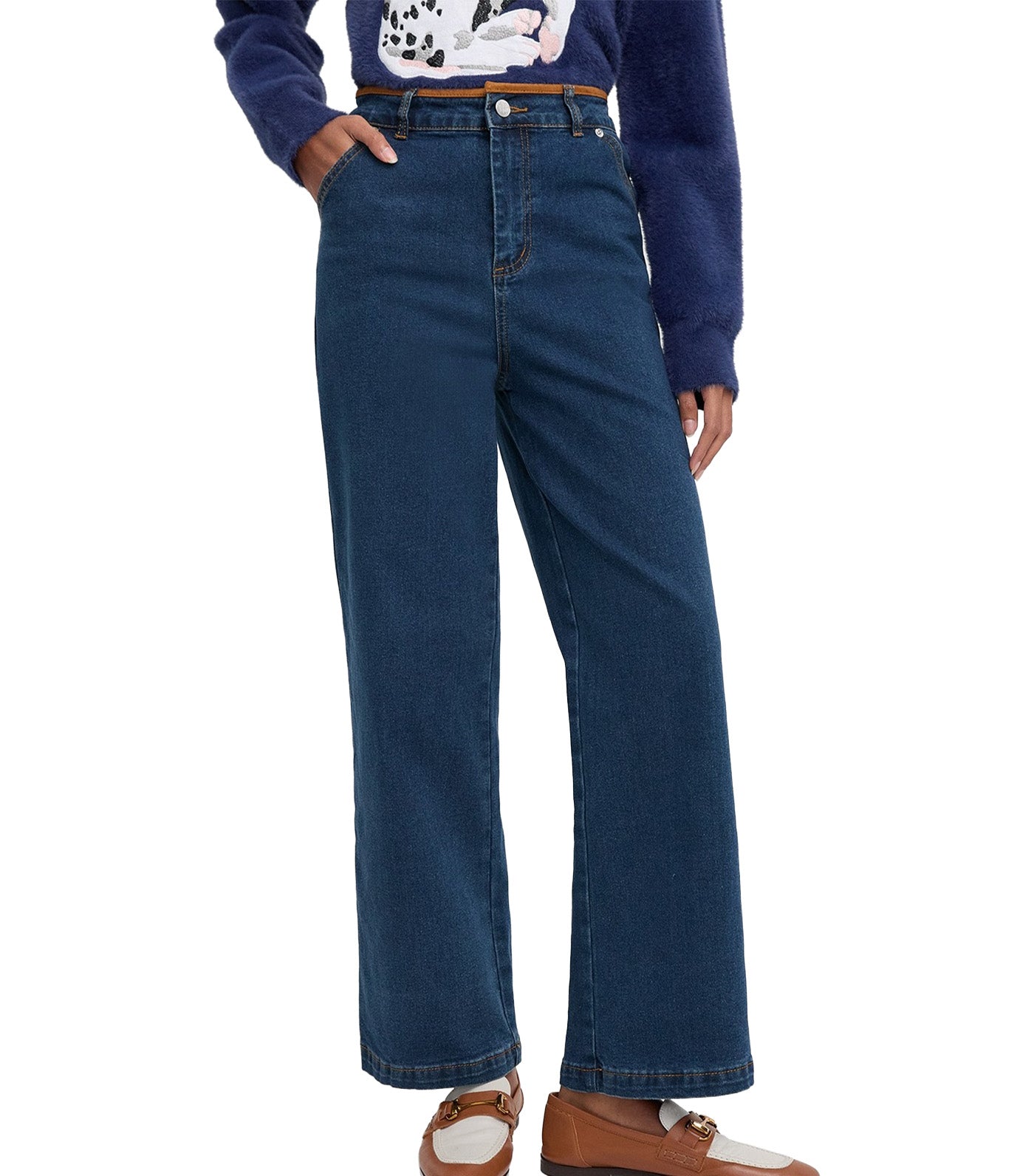 Pomelo High-Waisted Suede-Trim Jean Indigo