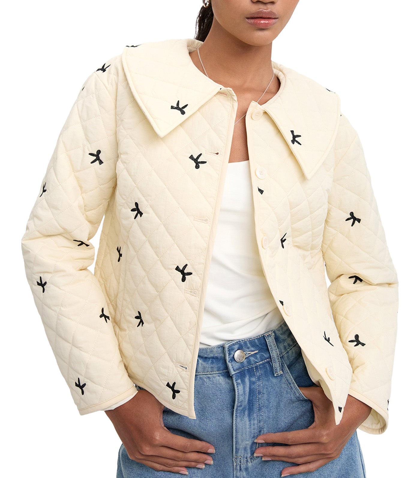 Embroided Quilted Crop Jacket Ivory