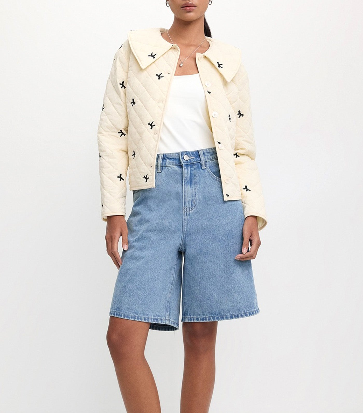 Embroided Quilted Crop Jacket Ivory