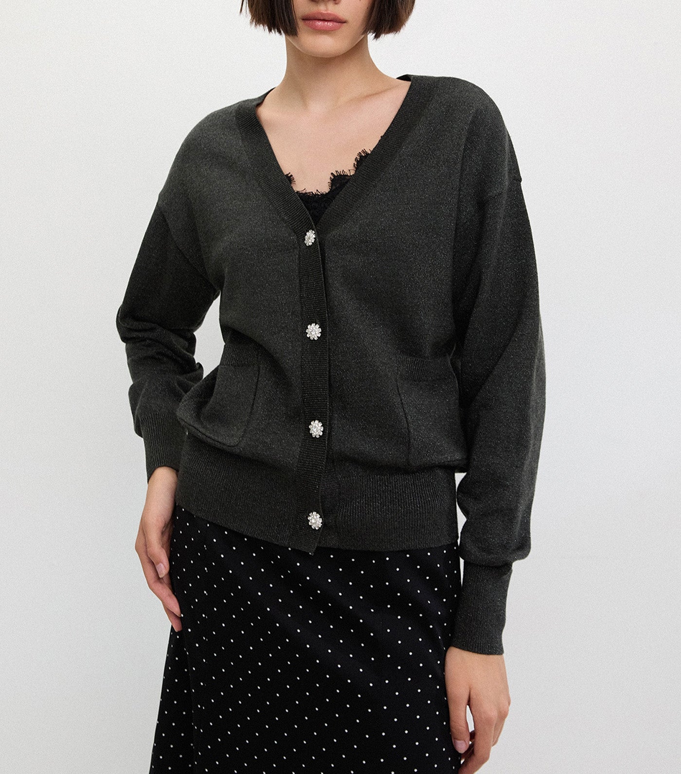 Rhinestone Buttons Cardigan Dark Gray