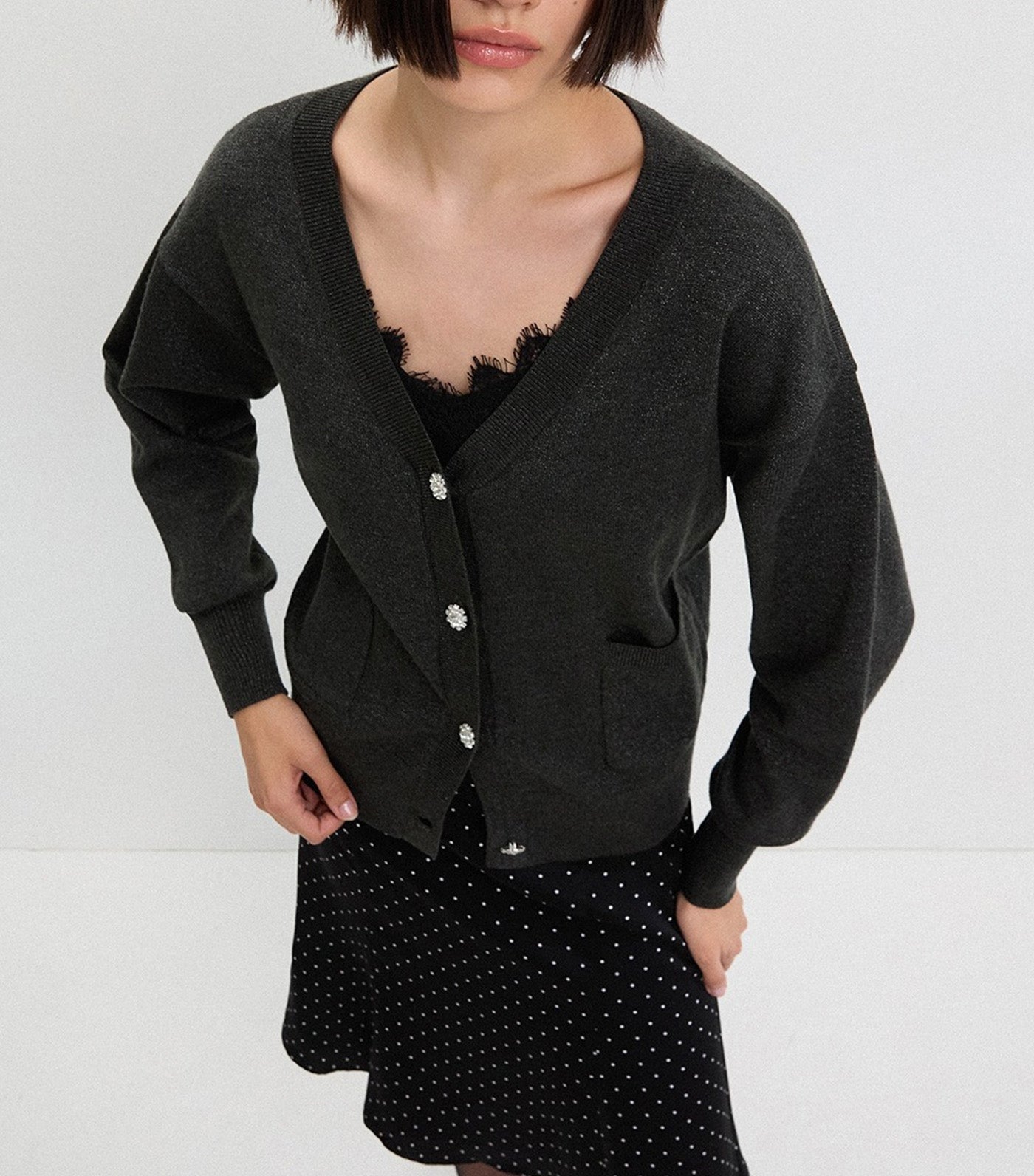 Rhinestone Buttons Cardigan Dark Gray
