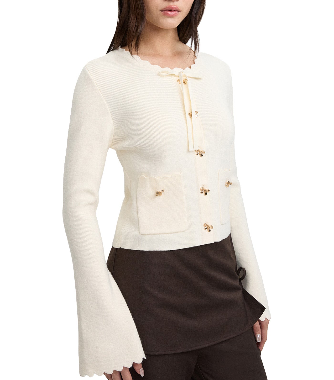Pomelo Button-Front Wavy Hem Crop Top Off White