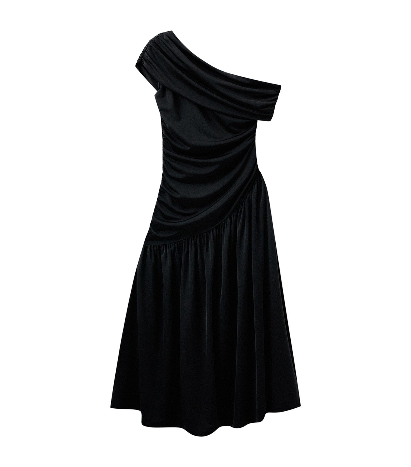 Pomelo One Shoulder Ruched Asymmetric Maxi Dress Black