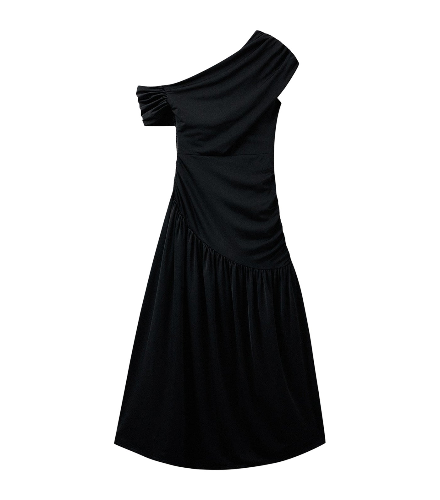 Pomelo One Shoulder Ruched Asymmetric Maxi Dress Black