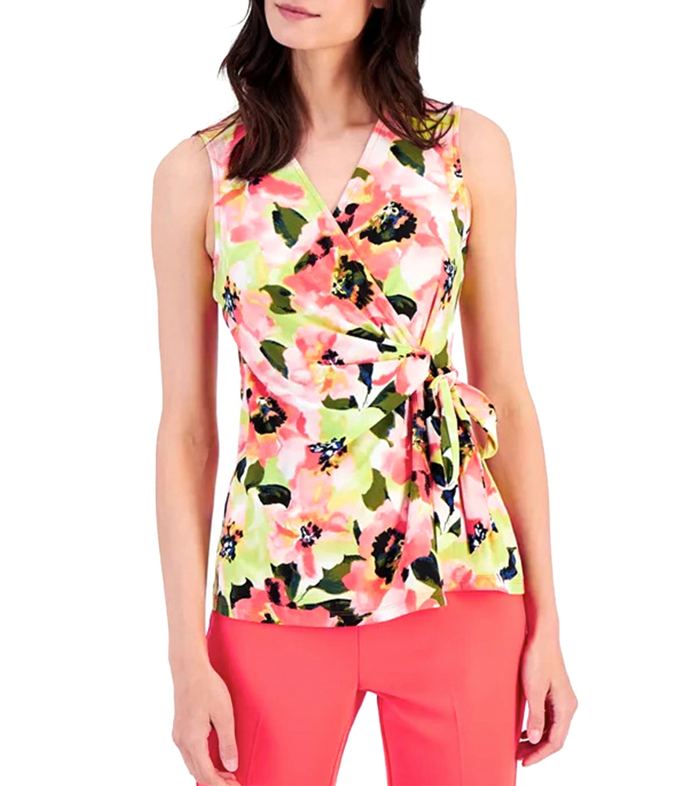 Petite Floral-Print Sleeveless Wrap Top Red Pear Multi