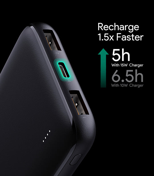 AUKEY PB-N73 Basix Slim 10000mah Ultra Thin Powerbank 12W USB Type C Fast Charge for iPhone and Android Black
