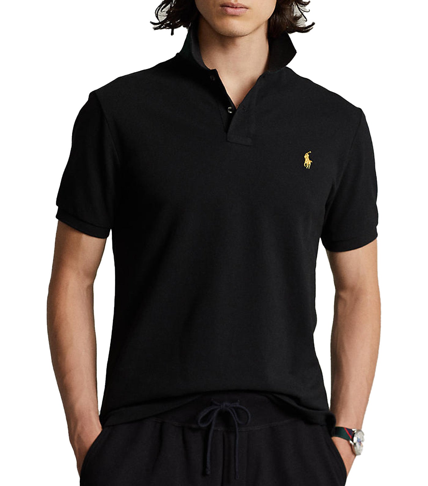 Men's Custom Slim Plaid-Trim Mesh Polo Shirt Polo Black