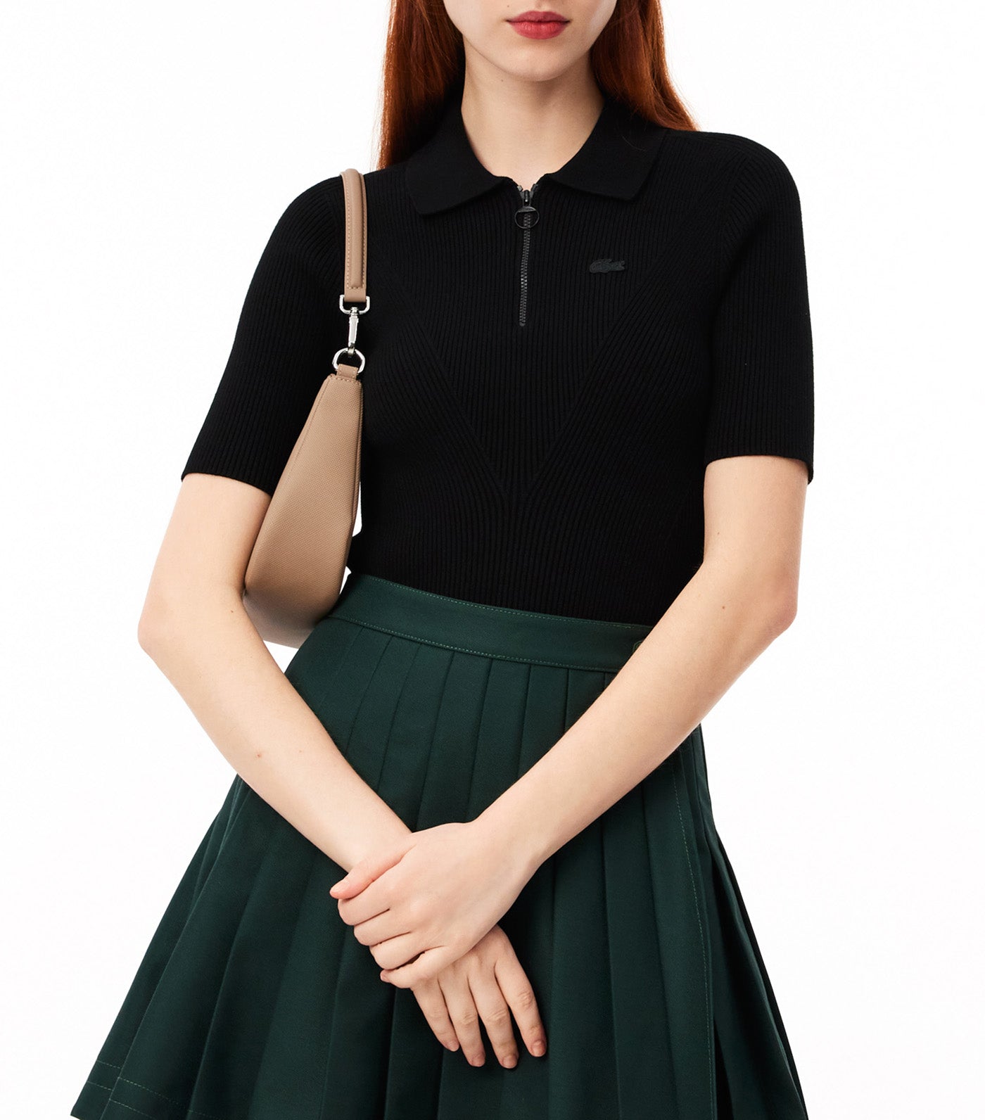 Zip Neck Rib Knit Polo Shirt Flour