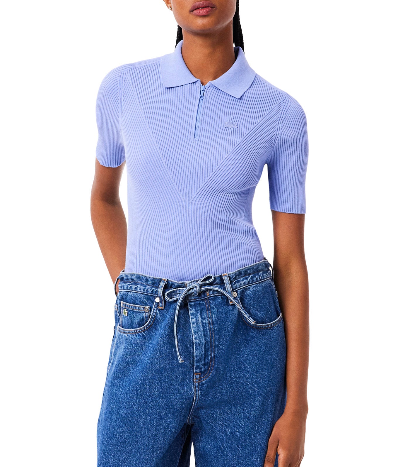 Zip Neck Rib Knit Polo Shirt Flour