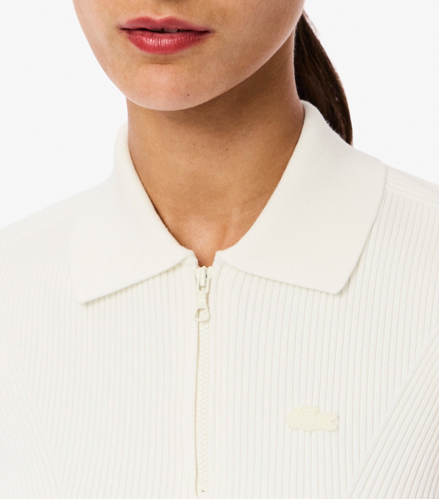 Zip Neck Rib Knit Polo Shirt Flour