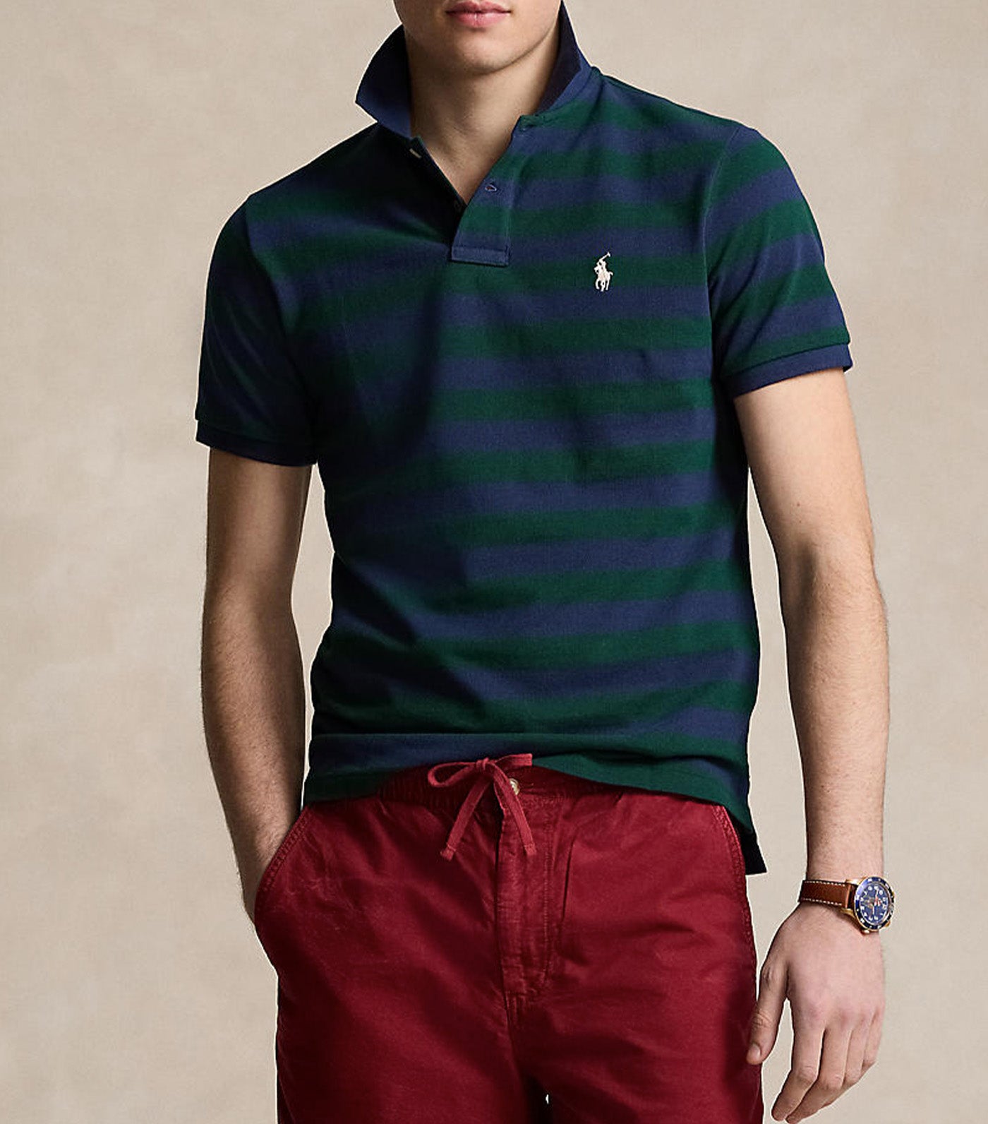 Men's Custom Slim Fit Striped Mesh Polo Shirt Moss Agate/Spring Navy