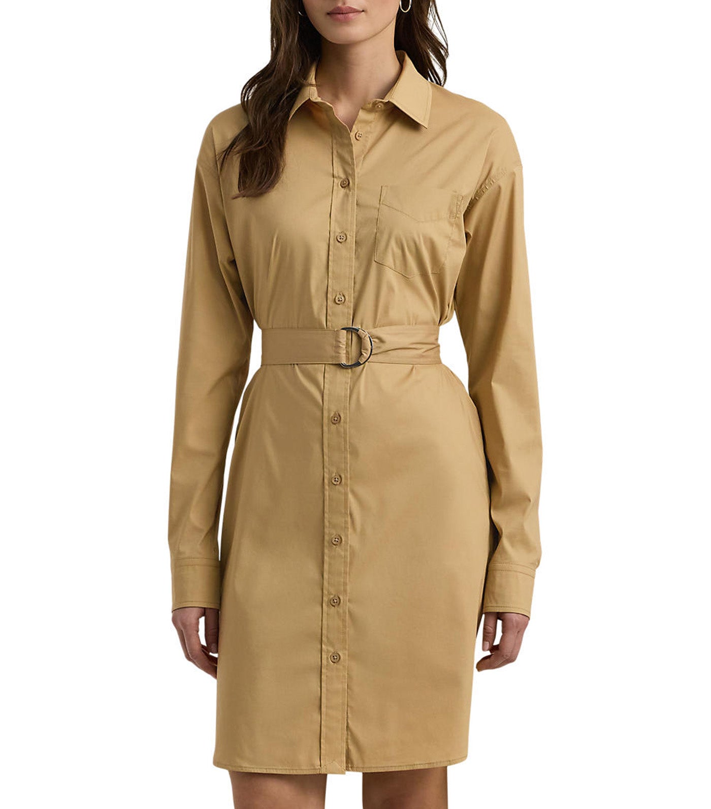 Women's Belted Stretch-Cotton Blend Shirtdress Birch Tan