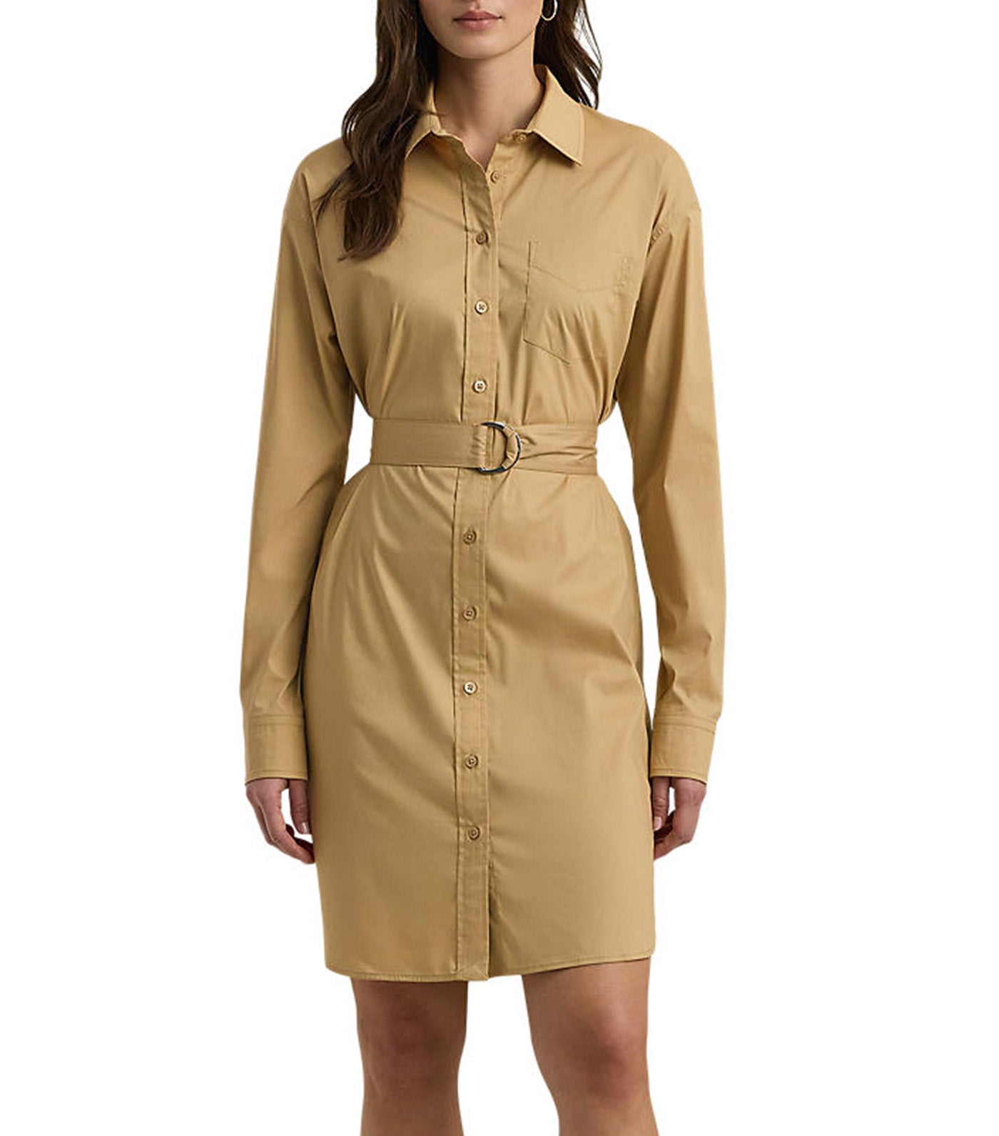 Women's Belted Stretch-Cotton Blend Shirtdress Birch Tan