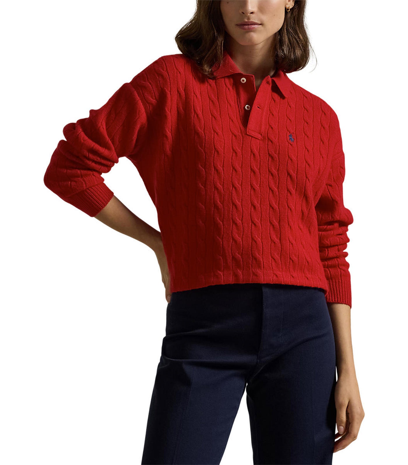 Women's Cable Wool-Cashmere Polo Shirt Polo Sport Red