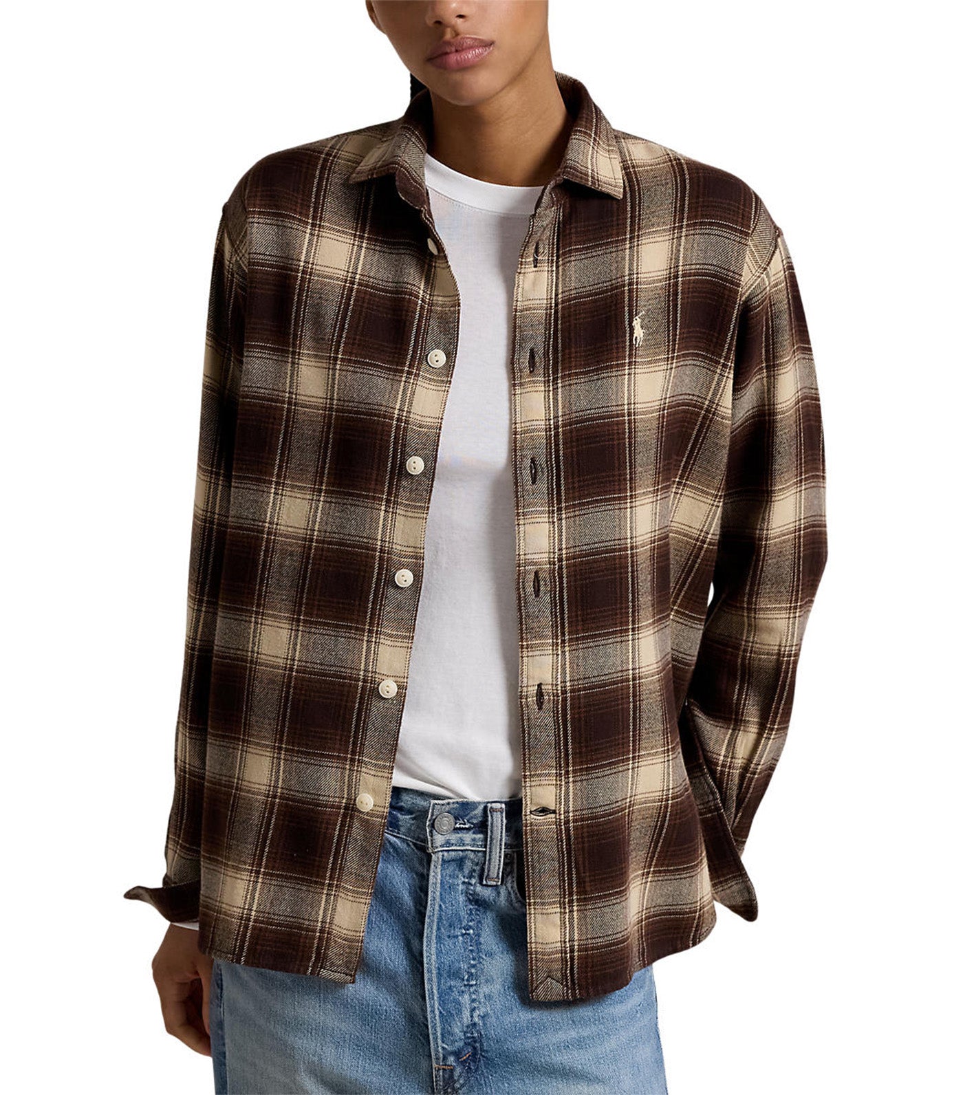 Women's Relaxed Fit Plaid Cotton Shirt Brown/Cream